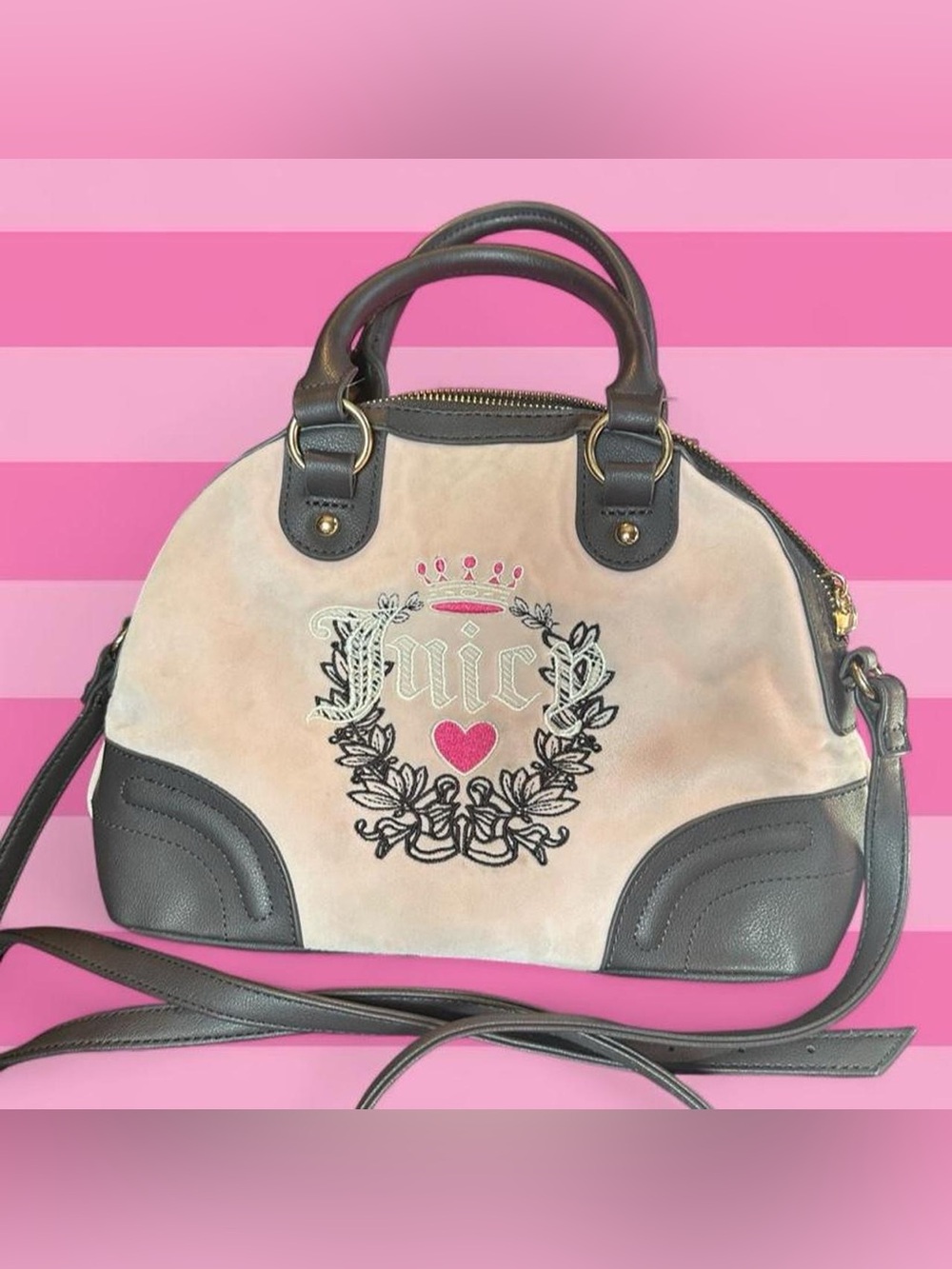 Juicy Couture Pink Suede Satchel with Gray Trim and Embroidered Logo